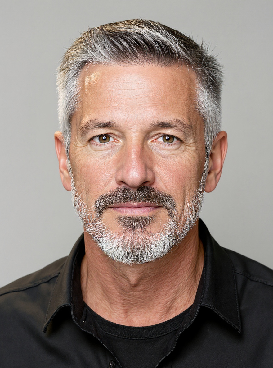 After/projection photo — same synthetic identity, clearly different hairstyle/grooming, grid case 10
