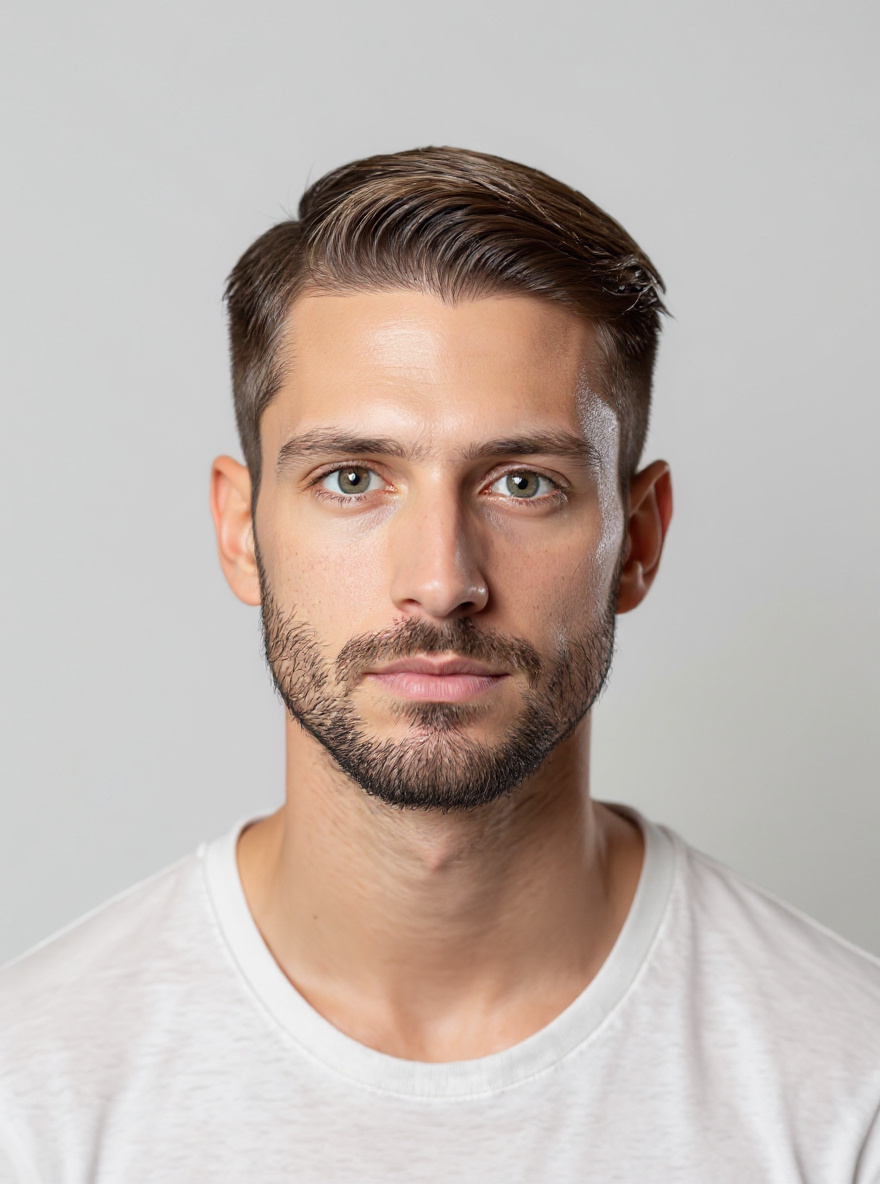 After/projection photo — same synthetic identity, clearly different hairstyle/grooming, grid case 4