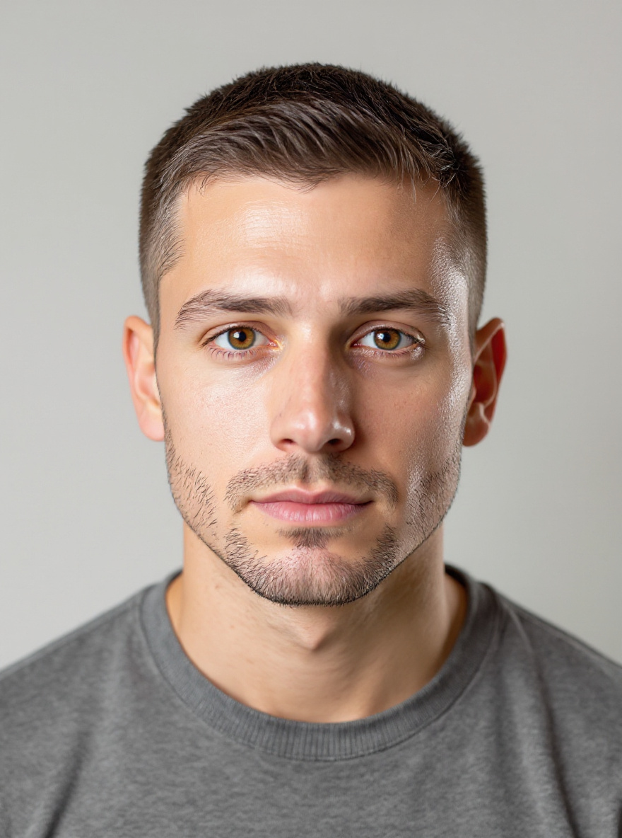 After/projection photo — same synthetic identity, clearly different hairstyle/grooming, grid case 8
