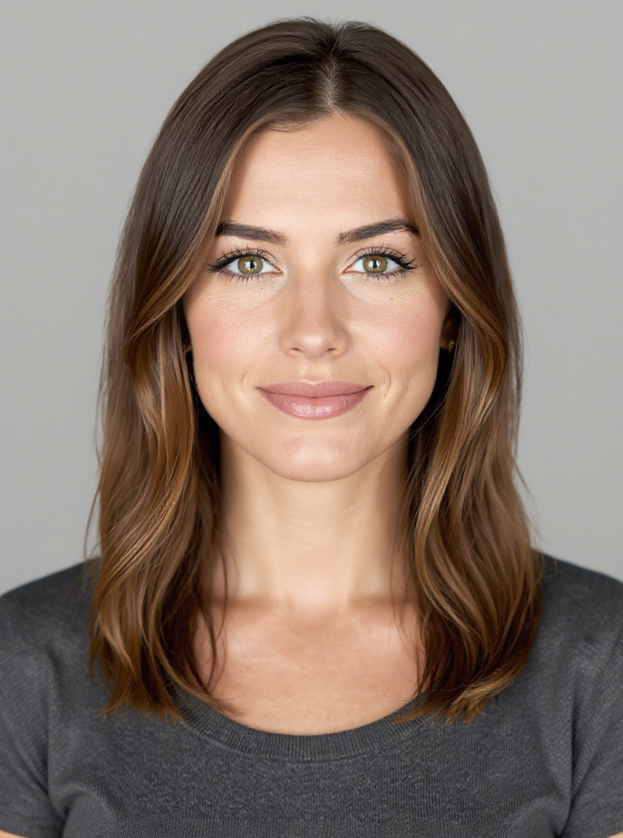 After/projection photo — same synthetic identity, clearly different hair styling, plan-mockup case (female)