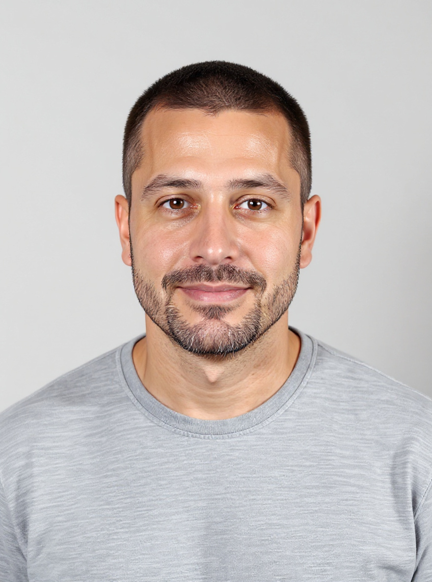 After/projection photo — same synthetic identity, clearly different hair and grooming, QOVES-method case (male)