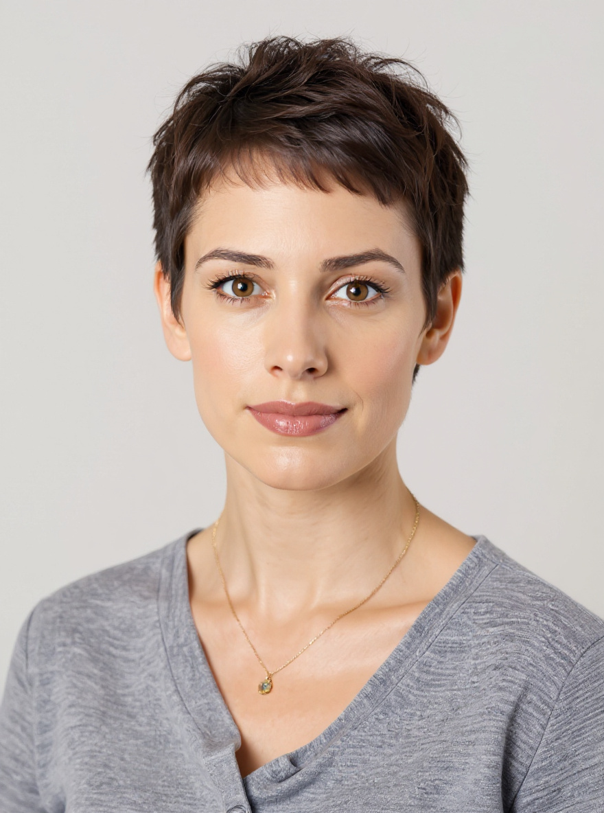 After/projection photo — same synthetic identity, clearly different hairstyle, surgery-free case 1 (female)